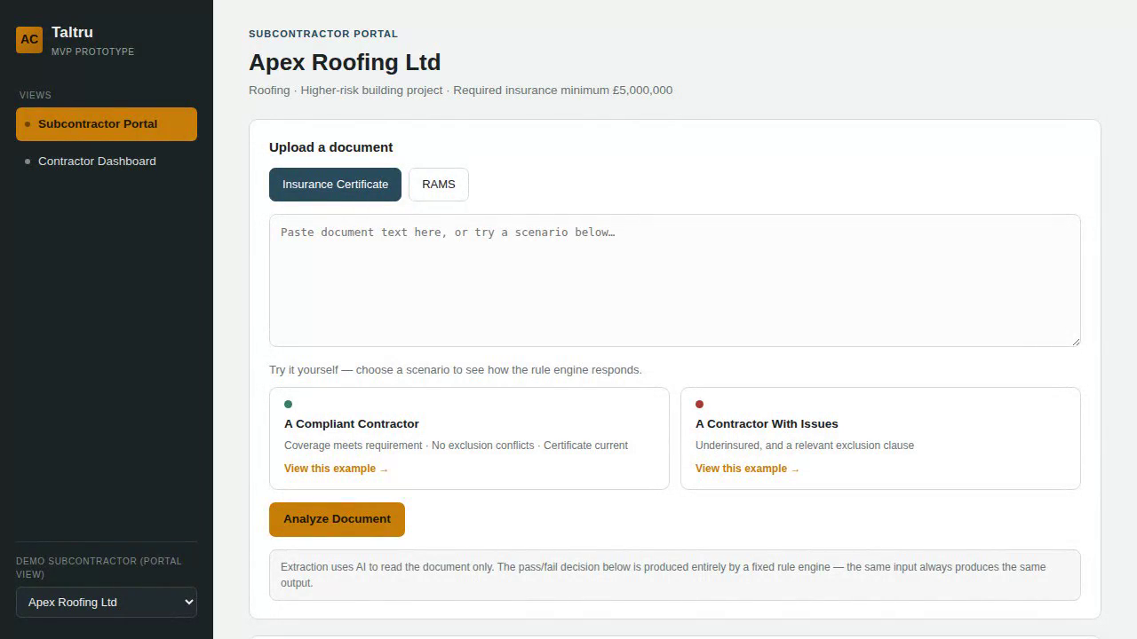 Subcontractor Portal — uploading and checking a compliance document